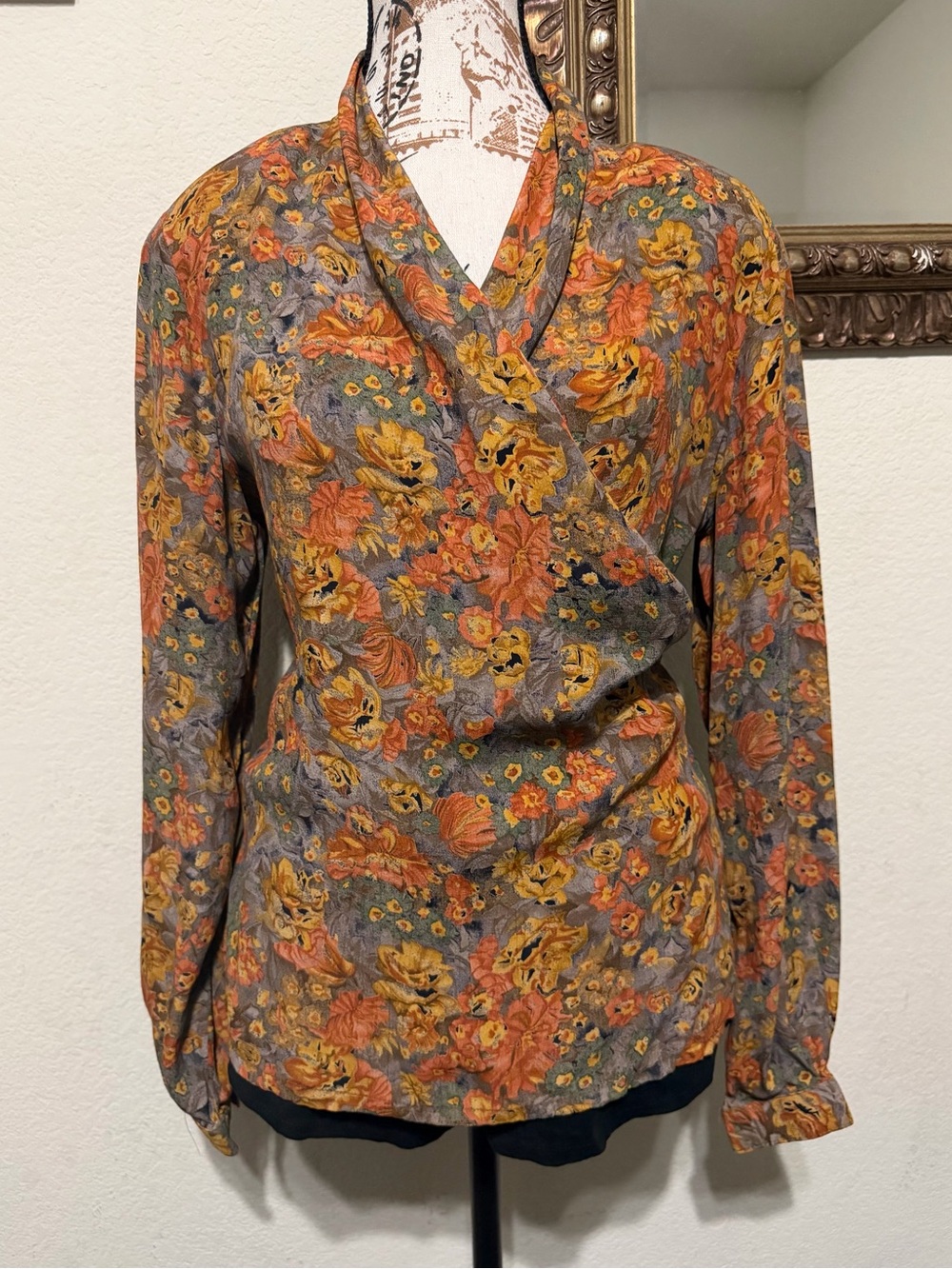 Floral Wrap-Front Long Sleeve Blouse in Rust & Mustard